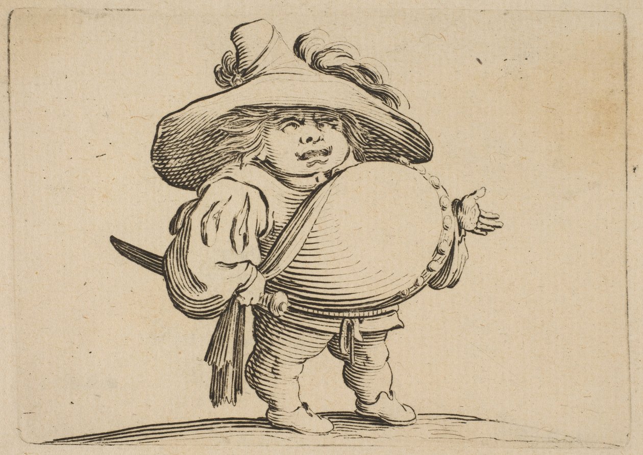 Mężczyzna z dużym brzuchem ozdobiony rzędem guzików Mężczyzna z dużym brzuszkiem ozdobi..., 1616-22. autorstwa Jacques Callot
