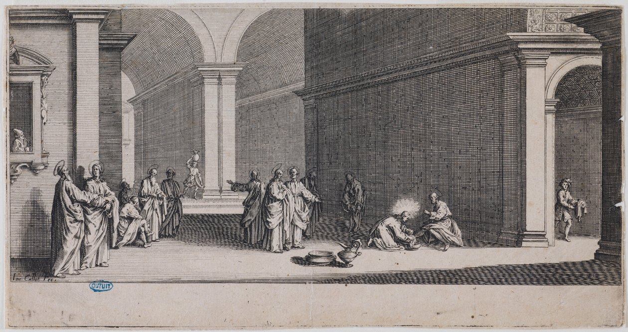 Wielka Pasja, Umywanie nóg. Pierwsza plansza z serii 7 plansz (Lieure 281, Meaume 12) autorstwa Jacques Callot