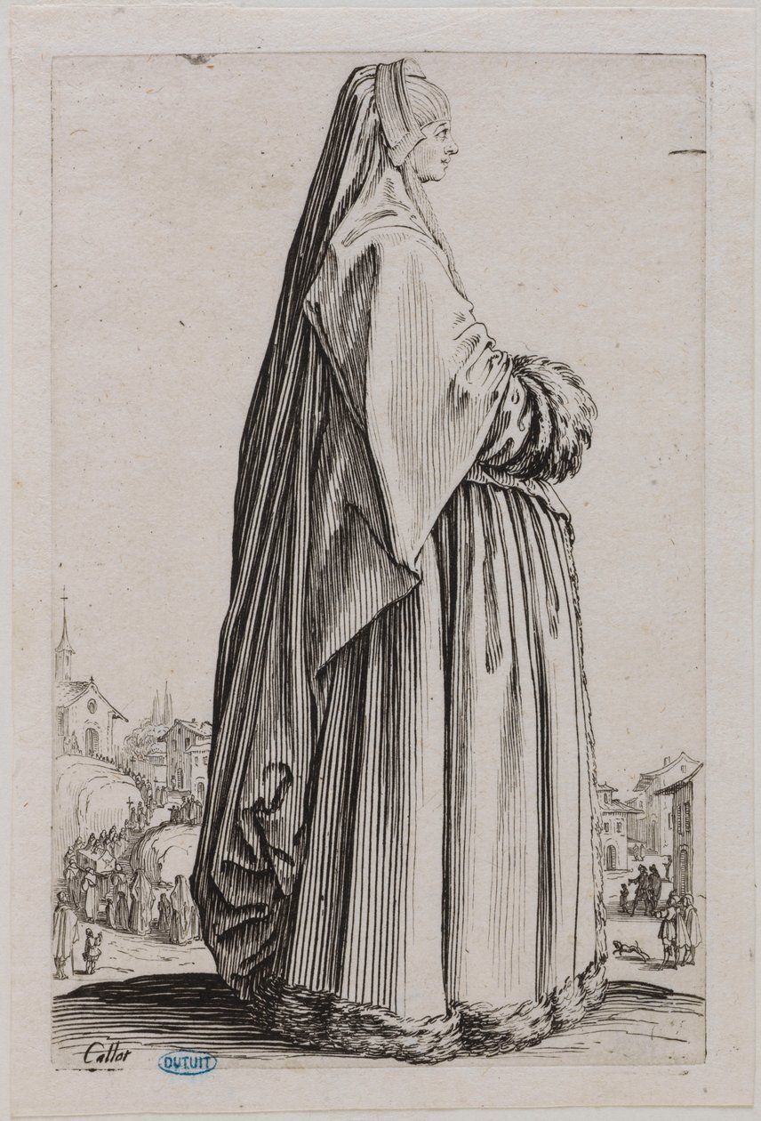 Szlachta, dama w wielkim welonie i sukni obszytej futrem. Piąty utwór z cyklu 12 utworów (Lieure 553, Meaume 679) autorstwa Jacques Callot
