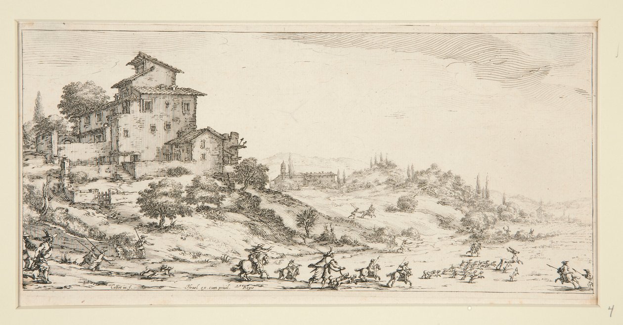 La chasse au cerf (Polowanie na jelenie w pobliżu dworu), z Pejzaży dla Giovanniego de Medici autorstwa Jacques Callot
