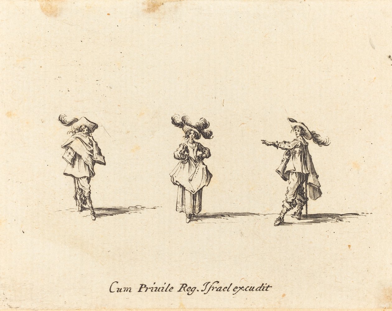 Dama z dużymi pióropuszami i dwóch dżentelmenów autorstwa Jacques Callot