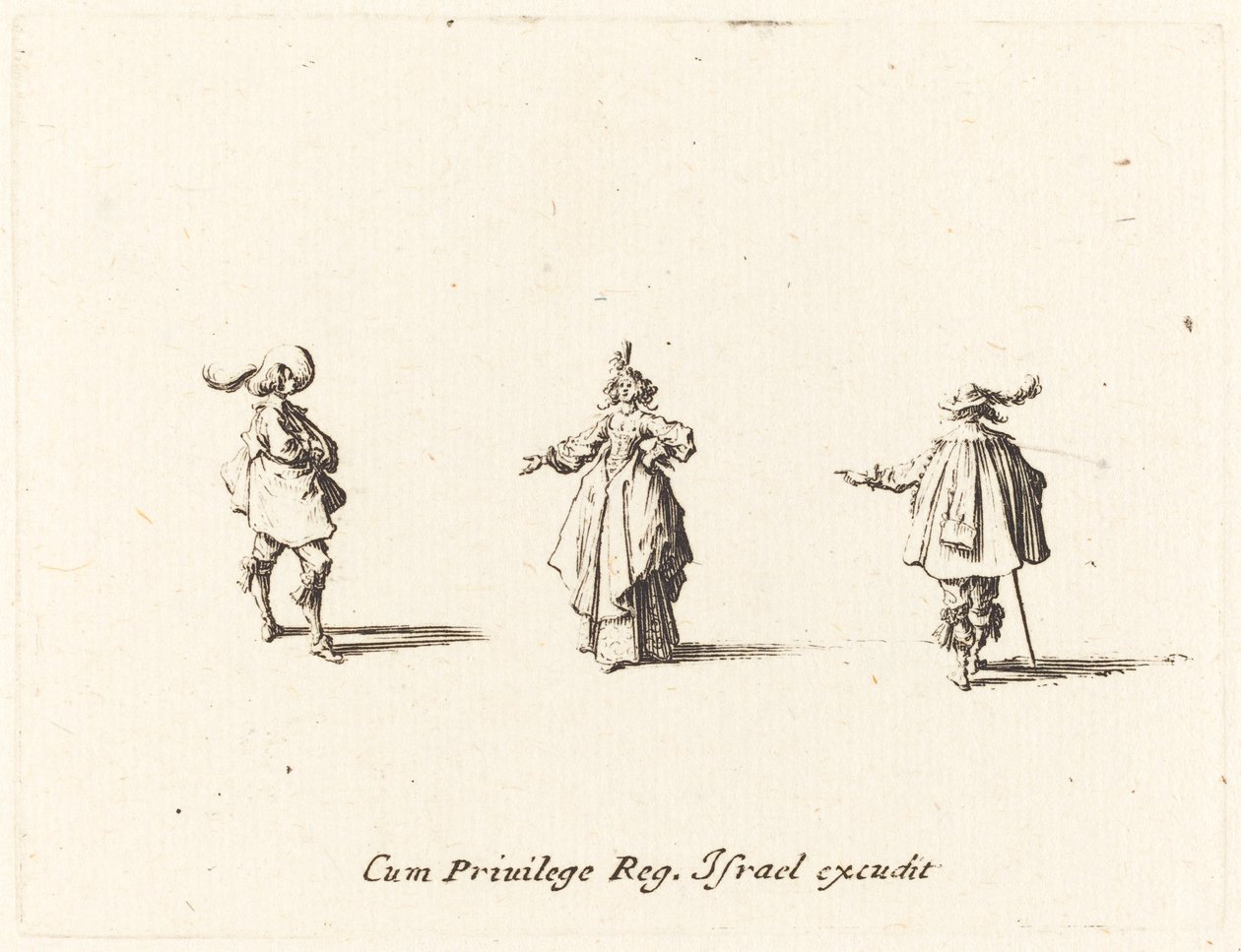 Dama z wyciągniętą ręką i dwóch panów, prawdopodobnie 1634. autorstwa Jacques Callot