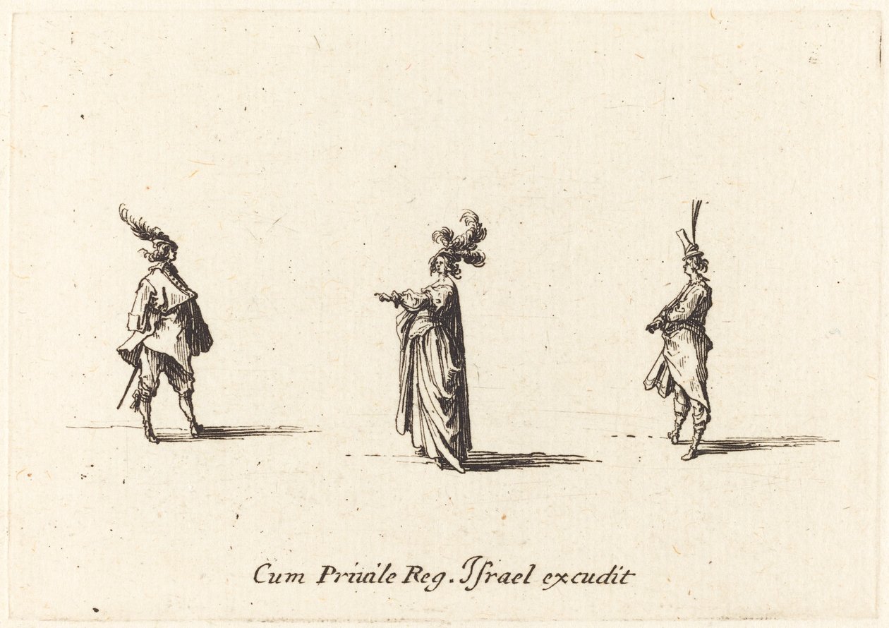 Dama w kapeluszu z pióropuszem i dwóch dżentelmenów, prawdopodobnie 1634. autorstwa Jacques Callot