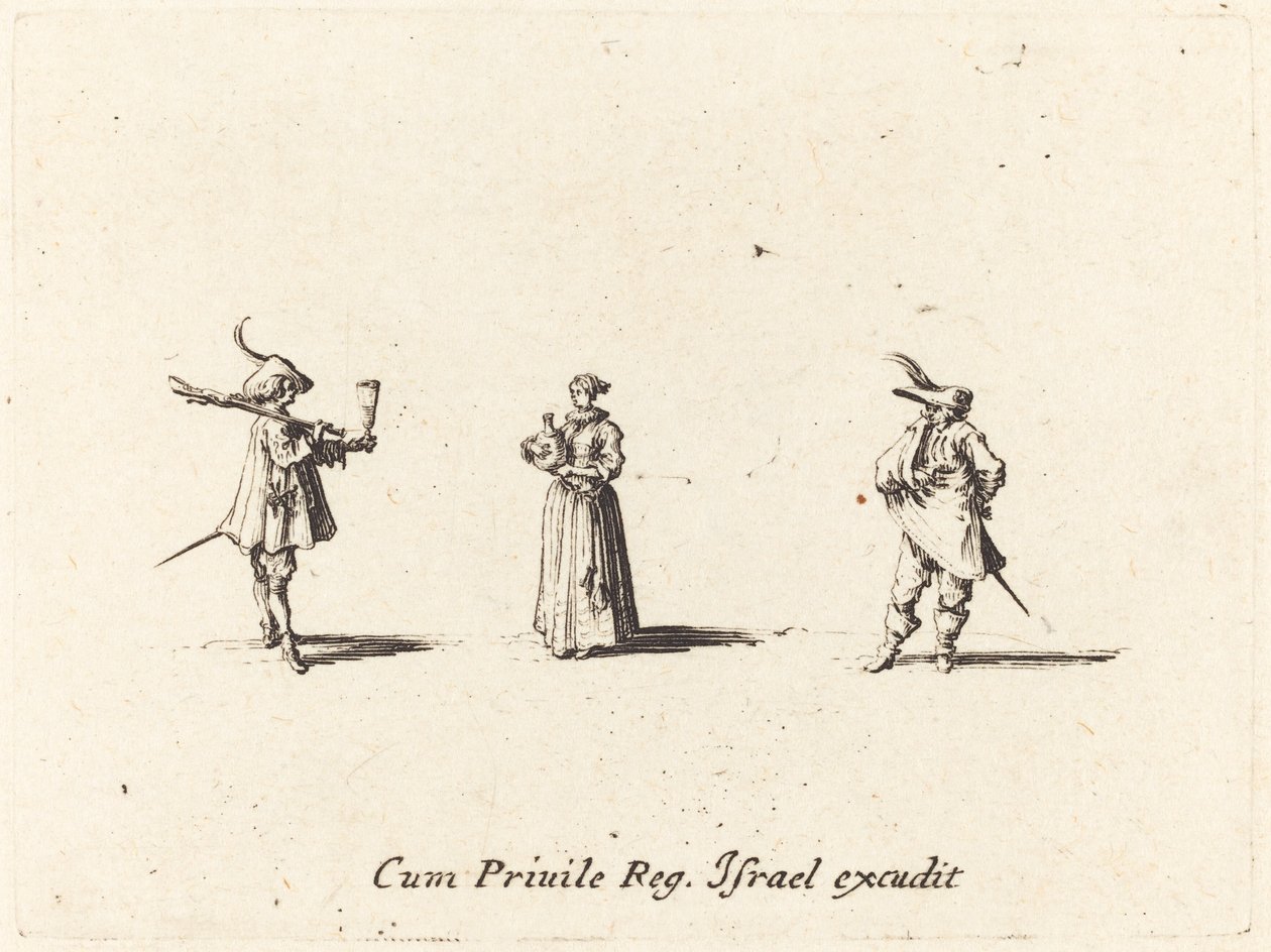 Dama z Butelką Wina i Dwóch Panów, prawdopodobnie 1634. autorstwa Jacques Callot