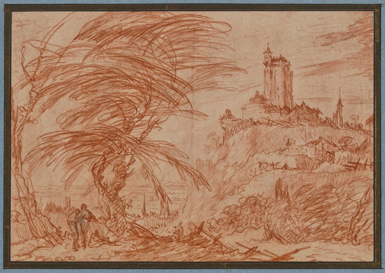 Landschaft, rechts auf einem Hügel ein großer Turm, links eine Baumgruppe und einige Figuren autorstwa Jacques Callot