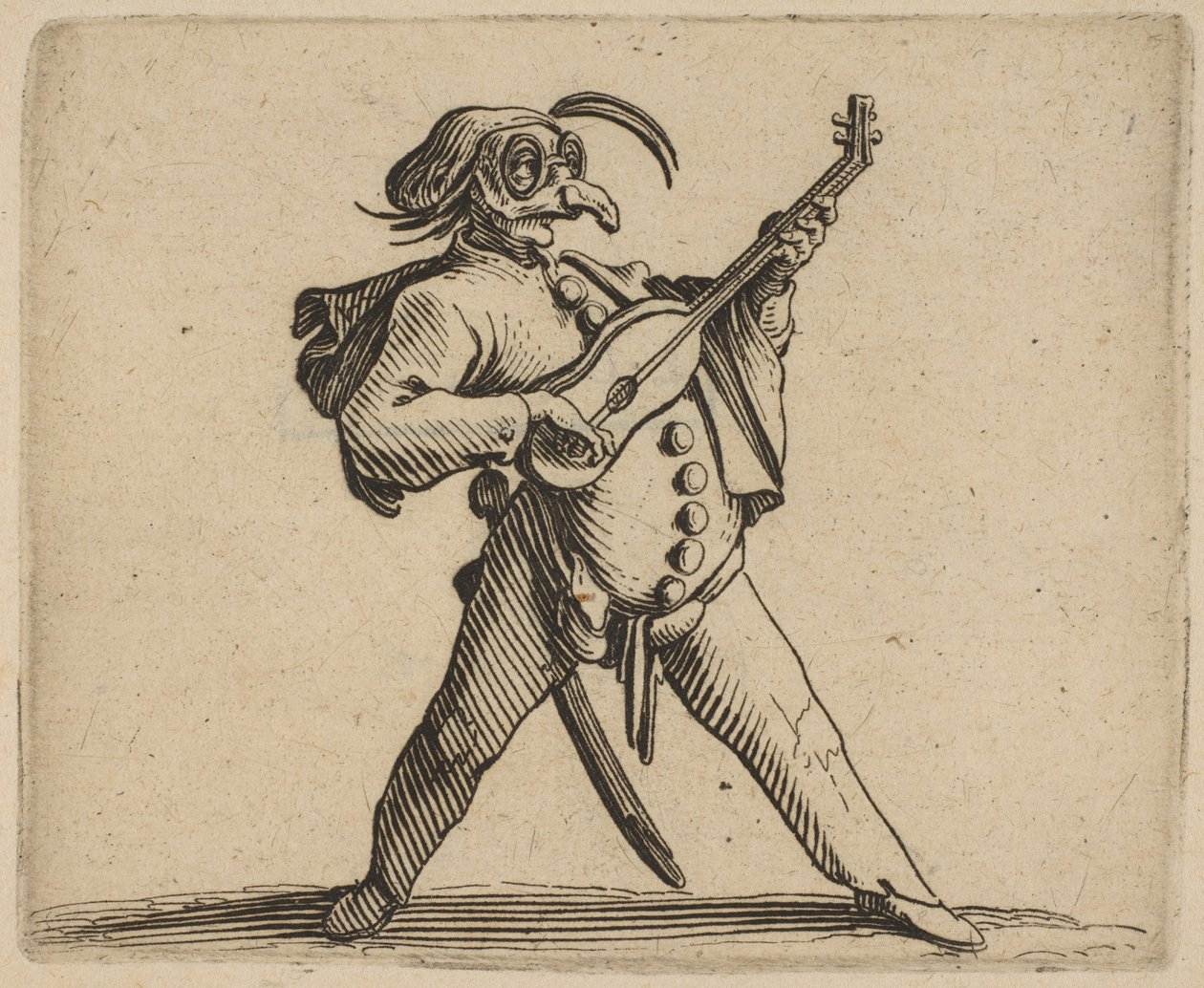 Zamaskowany komik grający na gitarze, z ..., 1616-22. autorstwa Jacques Callot