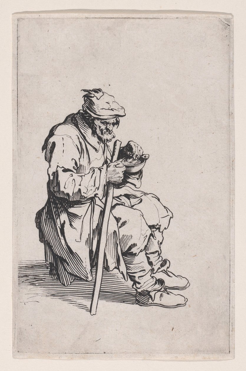 Siedzący i jedzący żebrak, z cyklu „Les Gueux, suite appelée aussi Les Mendiants, Les Baroni, ou Les Barons” autorstwa Jacques Callot