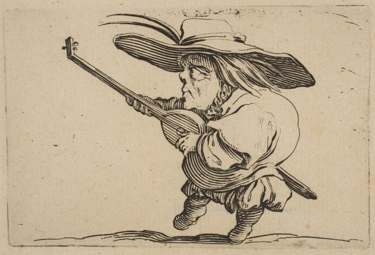 Lutniarz z Varie Figure Gobbi, suita zwana także Les B..., 1616-22. autorstwa Jacques Callot