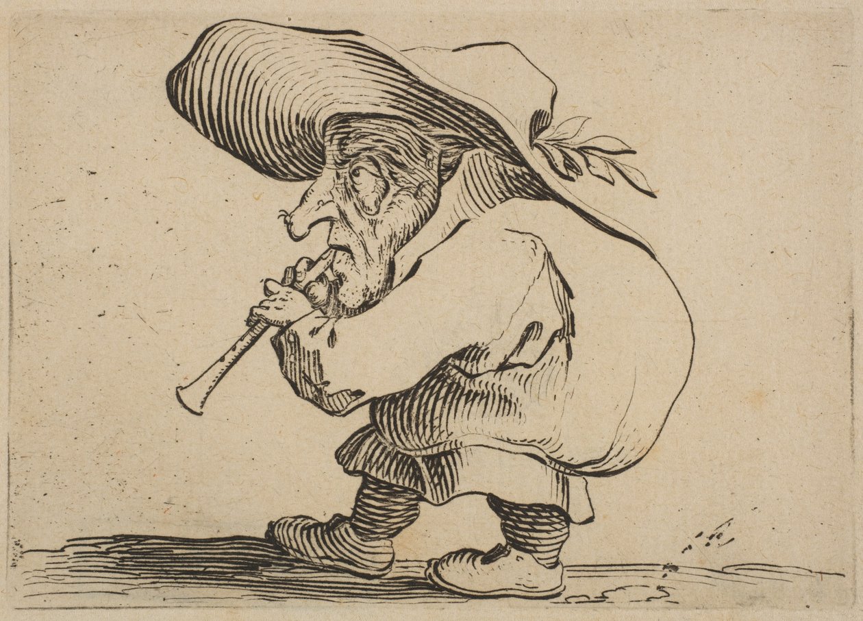 Le Joueur de Flageolet Flageolet Player, z Varie Figure Gobbi, apartament o nazwie a..., 1616-22. autorstwa Jacques Callot