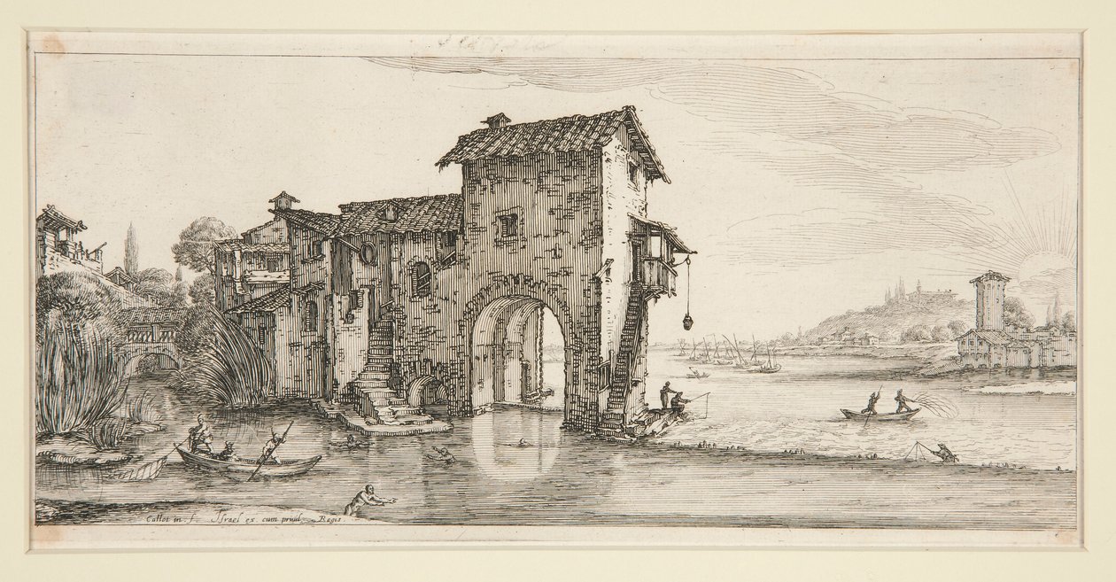 Le moulin a eau (Młyn na wodzie), z Pejzaży dla Giovanniego de Medici autorstwa Jacques Callot