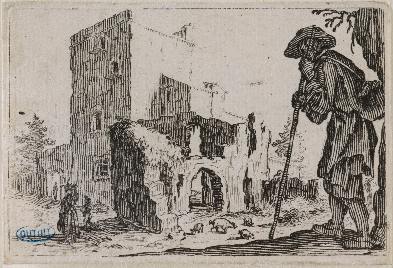 Kaprysy, Pasterz i ruiny. Piąty numer z serii 50 rycin wykonanych w Nancy (Lieure 432, Meaume 777) autorstwa Jacques Callot