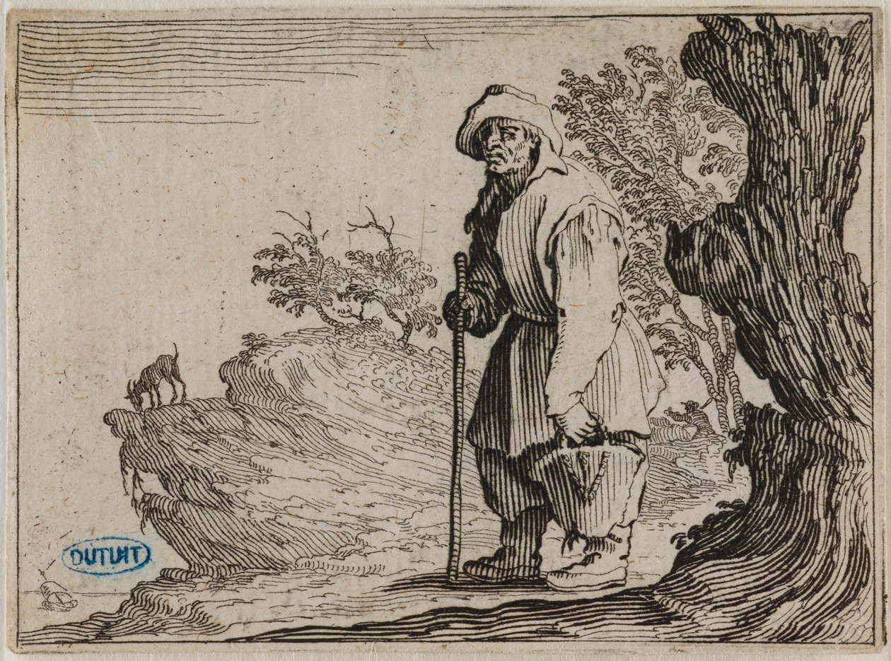 Kaprysy, Chłop niosący swój worek. Trzydziesta pierwsza plansza z serii 50 plansz rytowanych w Nancy (Lieure 458, Meaume 827) autorstwa Jacques Callot