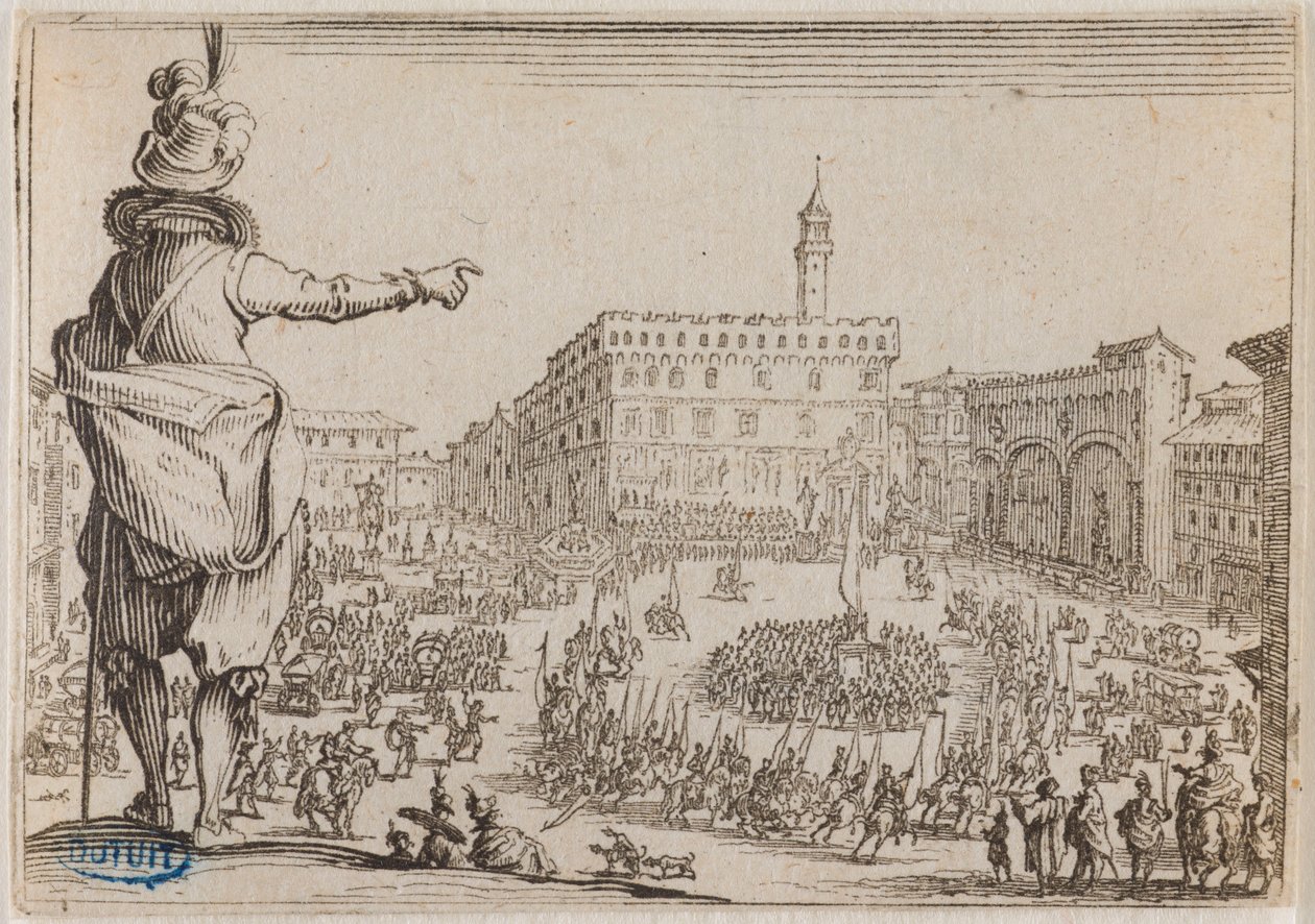Kaprysy, Święto na Piazza della Signoria we Florencji. Czterdziesty szósty numer serii 50 rycin wykonanych w Nancy (Lieure 473, Meaume 859) autorstwa Jacques Callot