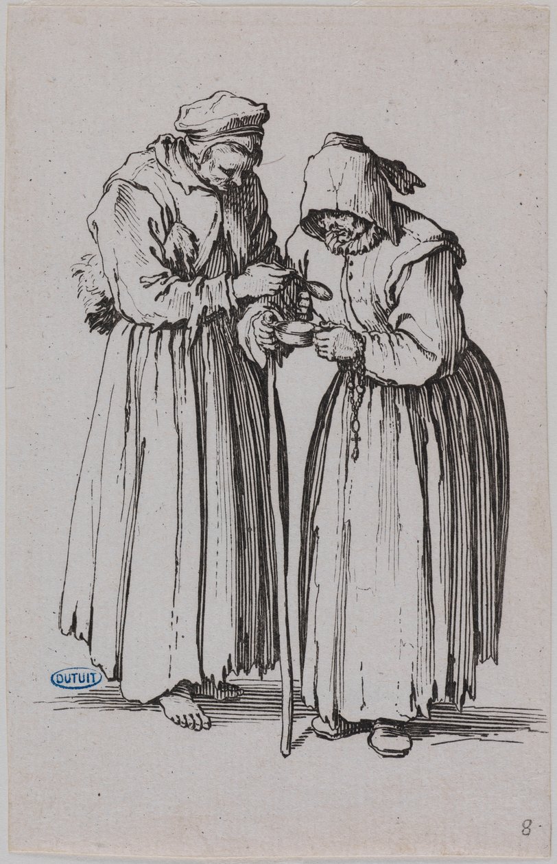 Żebracy, dwie żebraczki. Ósmy numer z serii 25 prac (Lieure 486, Meaume 692) autorstwa Jacques Callot