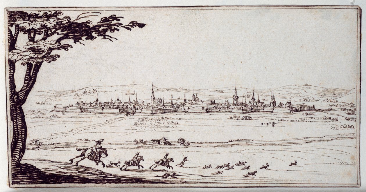 Nancy w oddali: błotniaki ścigające zająca (pióro i brązowy atrament na papierze) autorstwa Jacques Callot