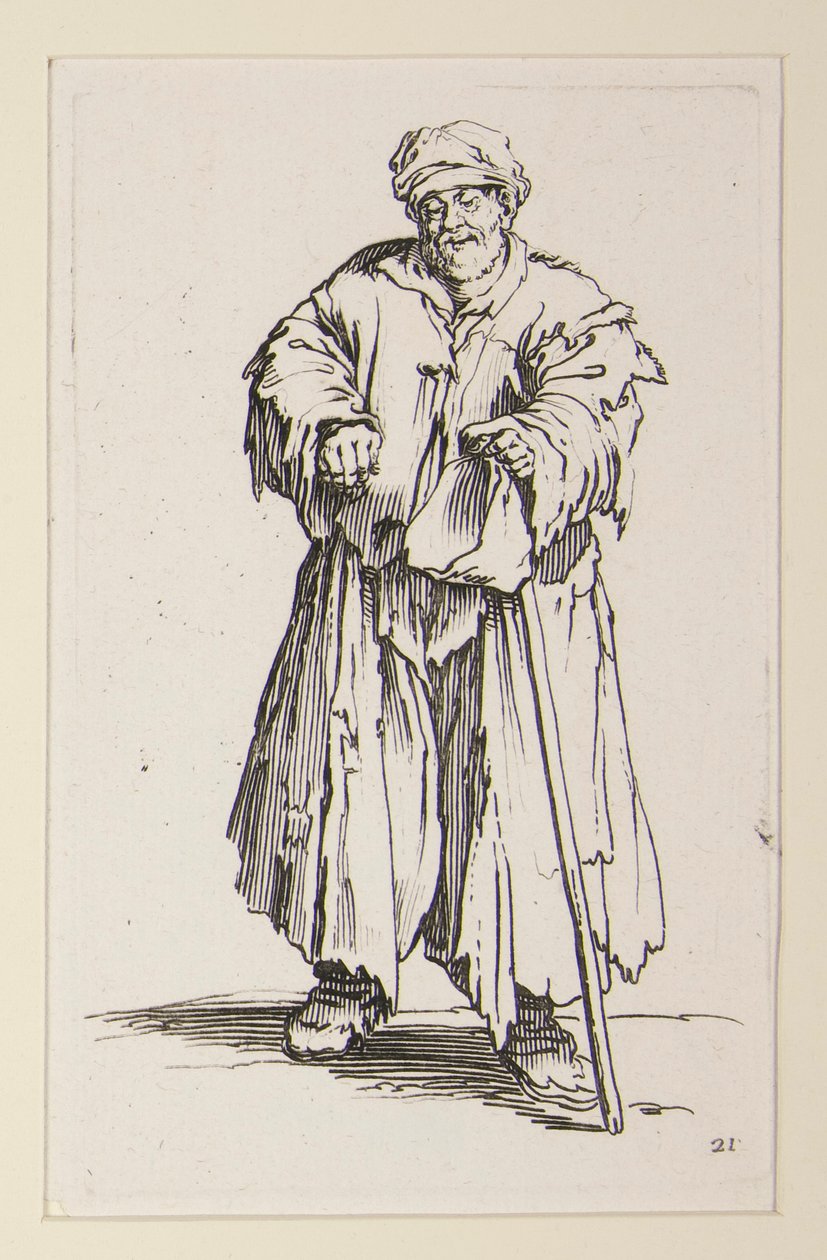 Otyły mężczyzna ze spuszczonymi oczami, od żebraków (Le mendiant obese aux yeux baisses) autorstwa Jacques Callot
