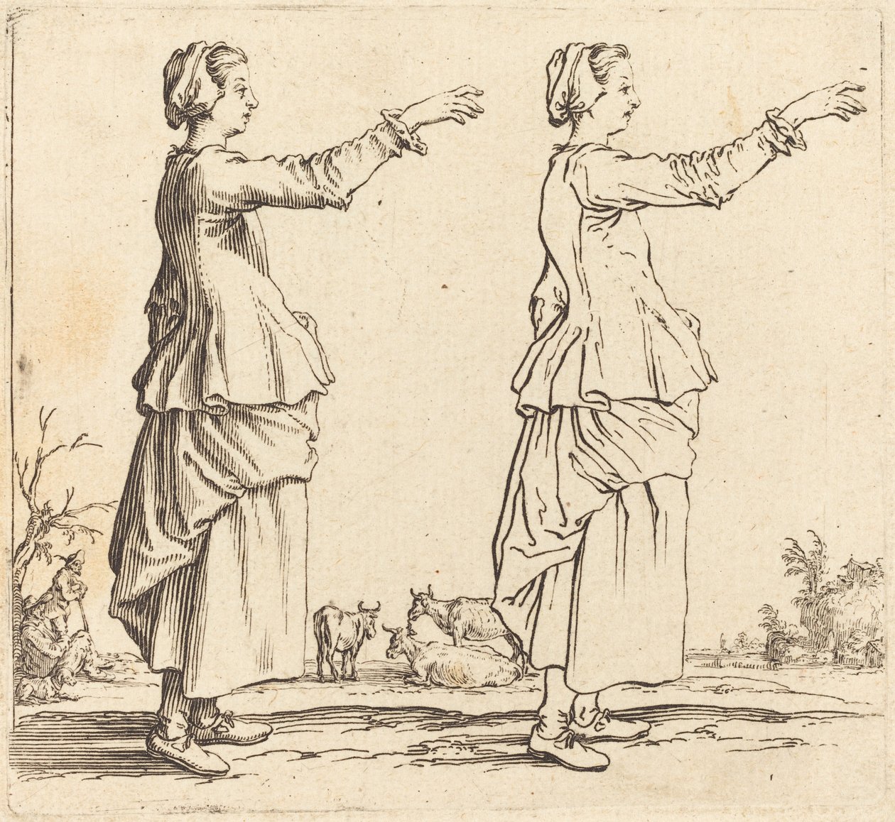 Chłopka z profilu, zwrócona w prawo, z wyciągniętym ramieniem, 1617 i 1621. autorstwa Jacques Callot