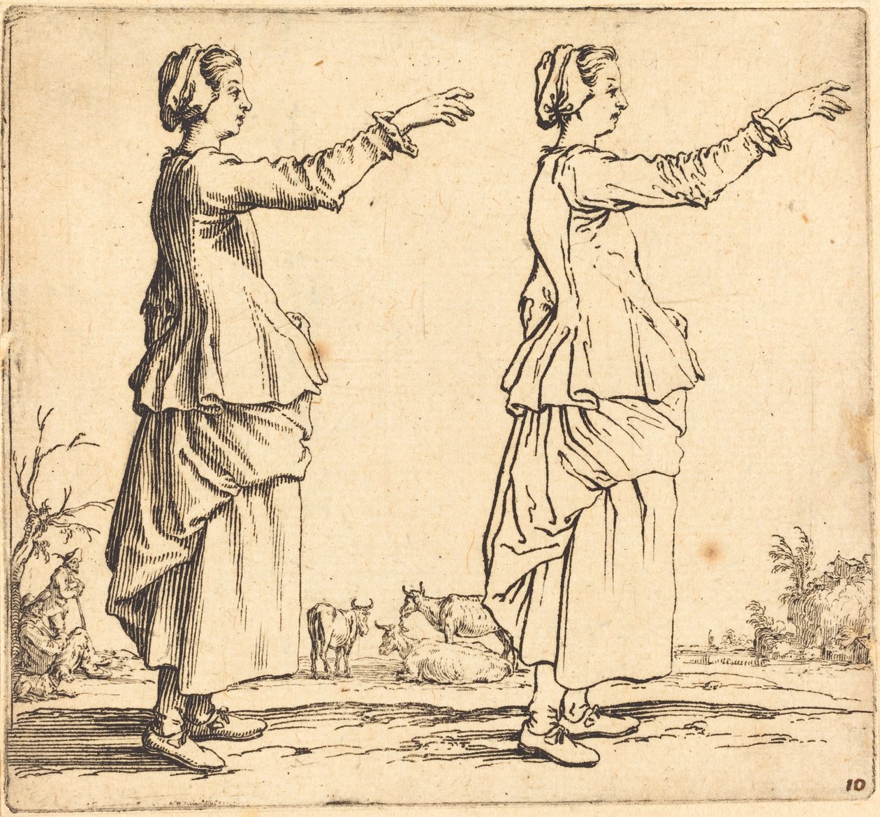 Chłopka z profilu, zwrócona w prawo, z wyciągniętym ramieniem, 1617 i 1621. autorstwa Jacques Callot