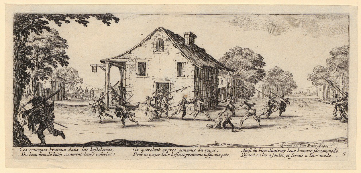 „Plądrowanie”, strona 4 z serii „Szarości wojny” autorstwa Jacques Callot