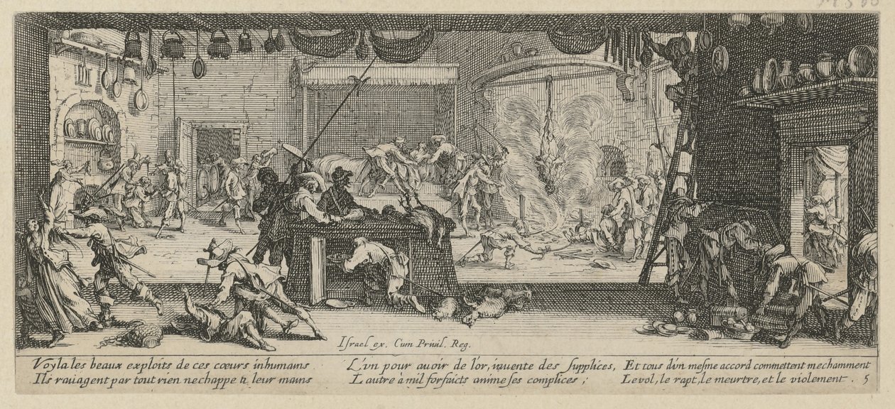 Plądrowanie gospodarstwa, kadr 5 z odcinka „Okropności wojny” autorstwa Jacques Callot