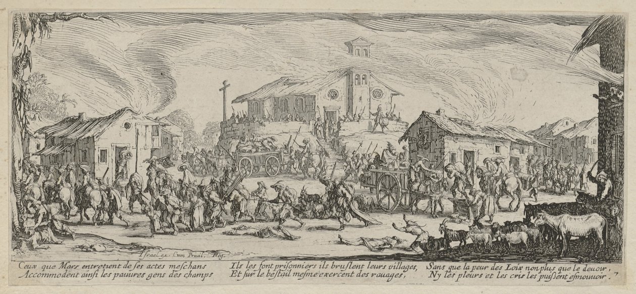 Plądrowanie i spalenie wsi, strona 7 serii „Okropności wojny” autorstwa Jacques Callot