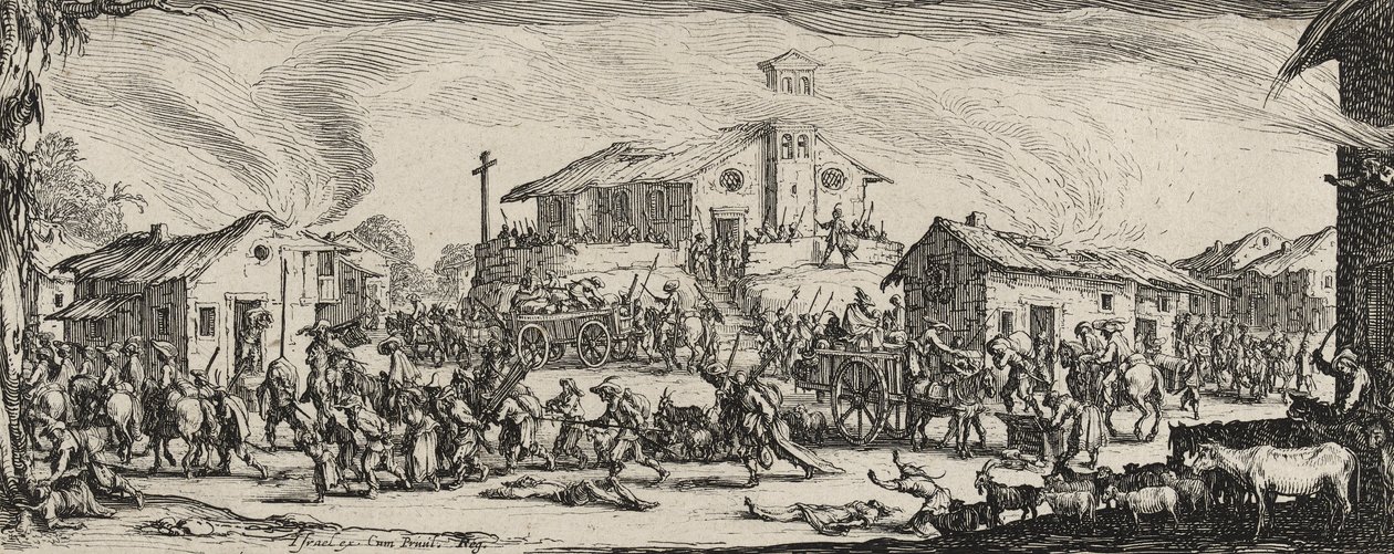 Plądrowanie i spalenie wsi, 1633 (akwaforta na papierze wykładanym) autorstwa Jacques Callot