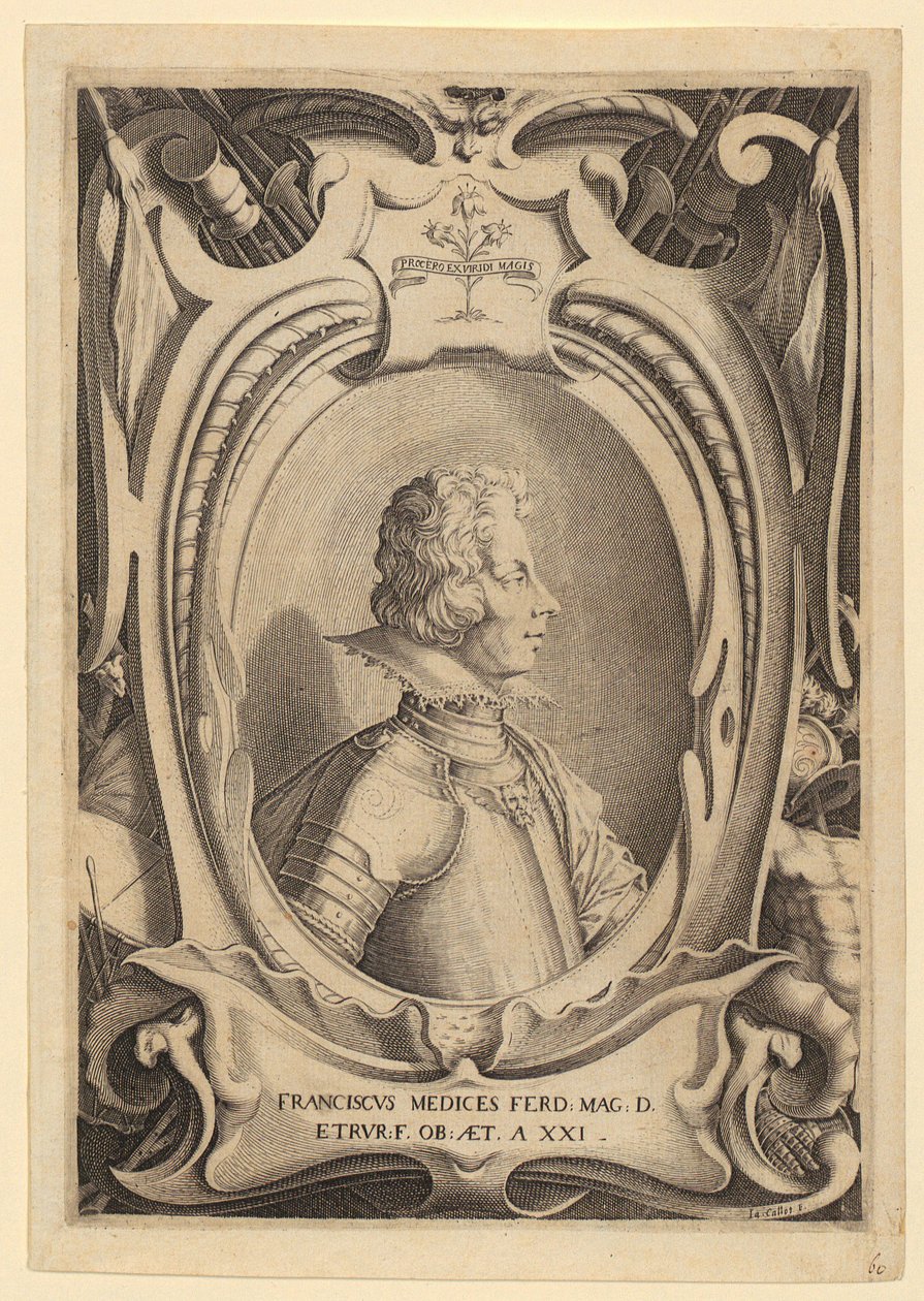 Portret Francesco de’ Medici, arkusz 2 z cyklu „Miedzioryty wykonane z okazji pogrzebu Francesco de’ Medici” autorstwa Jacques Callot