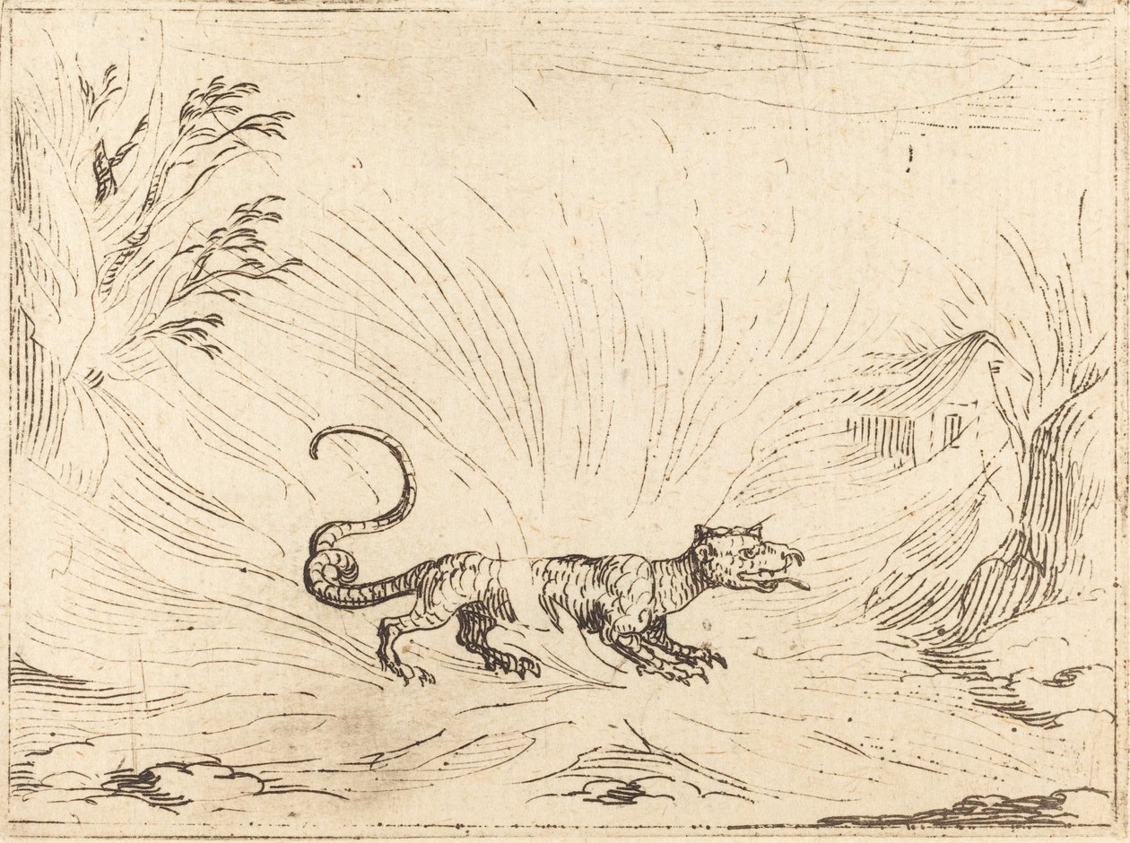 Salamandra otoczona płomieniami. autorstwa Jacques Callot