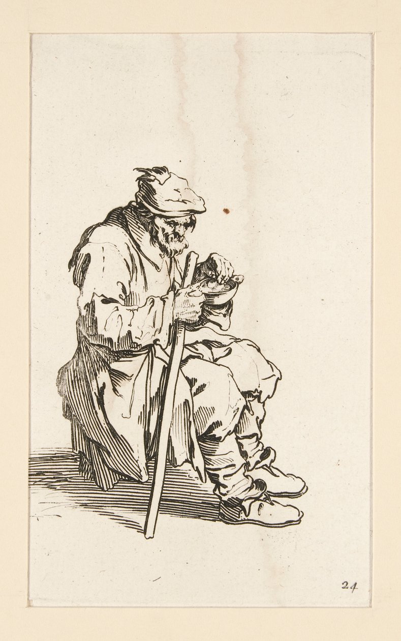 Siedzący żebrak, jedzący, z The Beggars autorstwa Jacques Callot