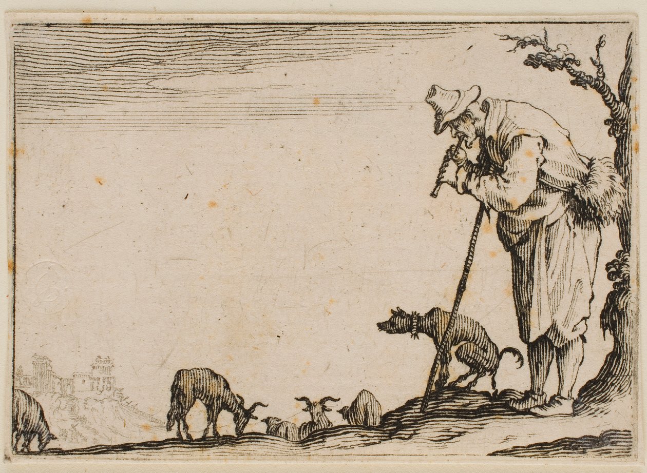 Pasterz grający na flecie, z cyklu „Kaprysy” (wydanie florenckie) autorstwa Jacques Callot