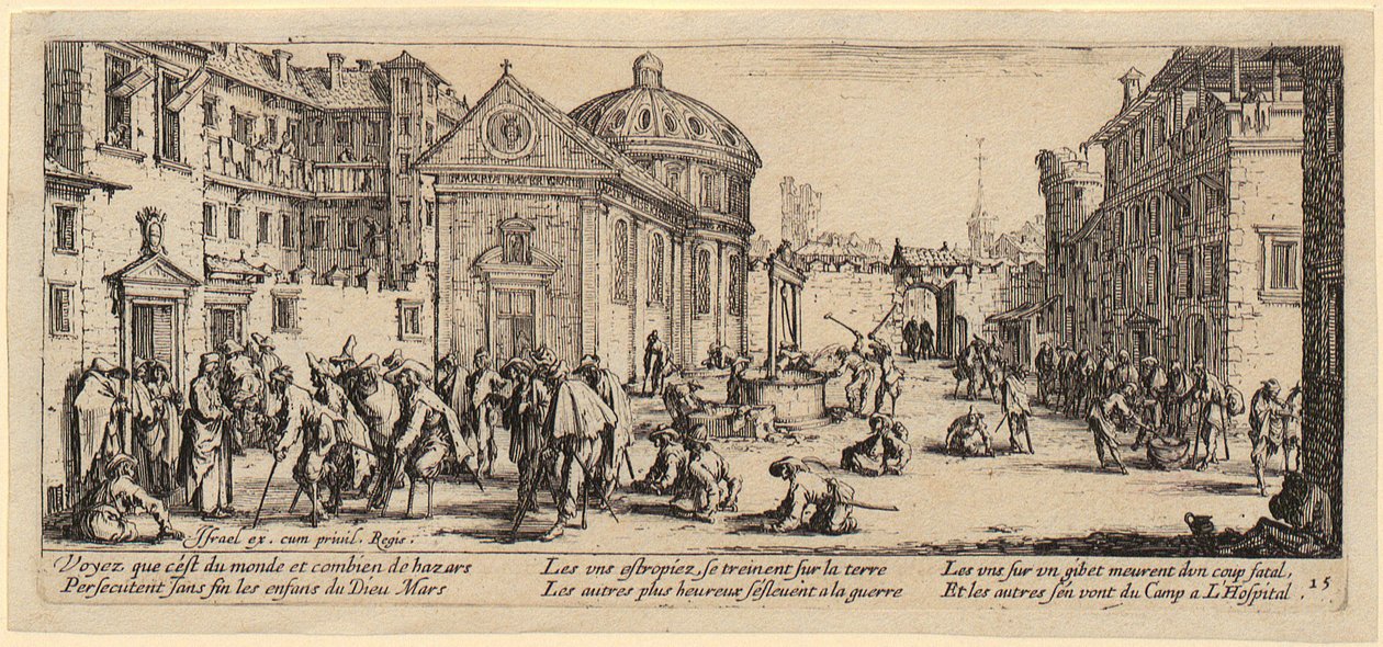 Szpital, strona 15 z serii „Szarości wojny” autorstwa Jacques Callot