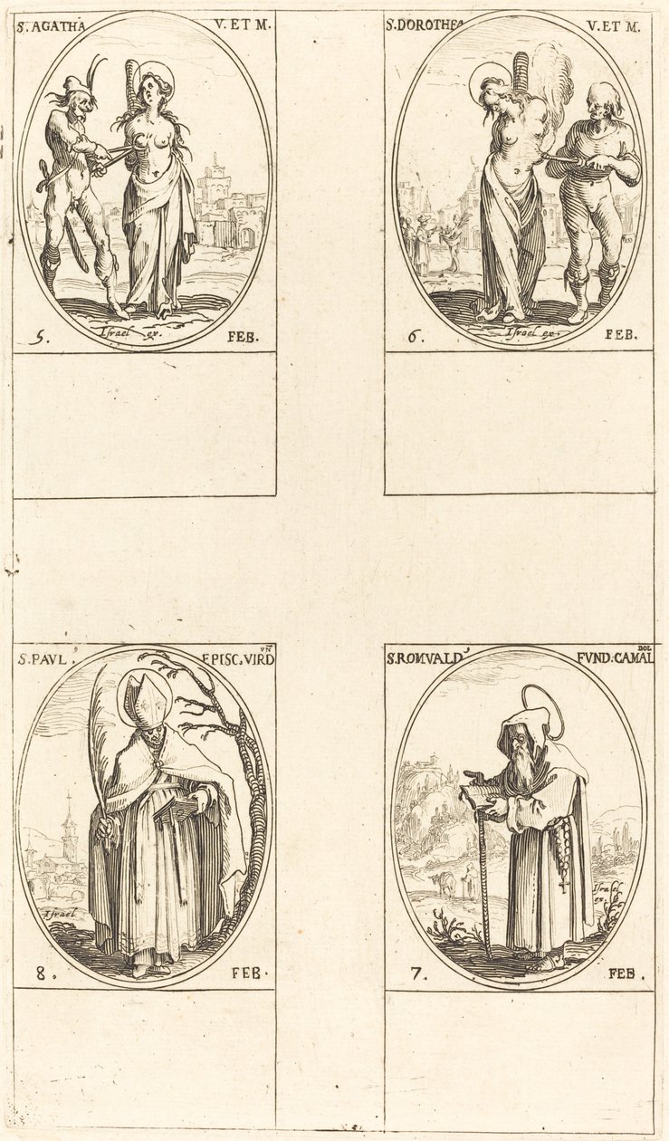 św. Agaty; św. Dorota; św. Romuald z Rawenny; Św. Paweł, biskup Verdun autorstwa Jacques Callot