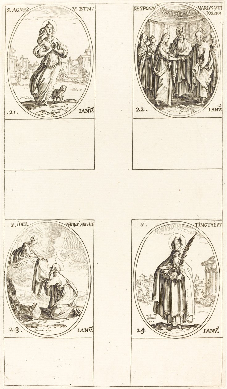 św. Agnieszki; Małżeństwo Dziewicy; św. Ildefons; Św. Tymoteusz autorstwa Jacques Callot