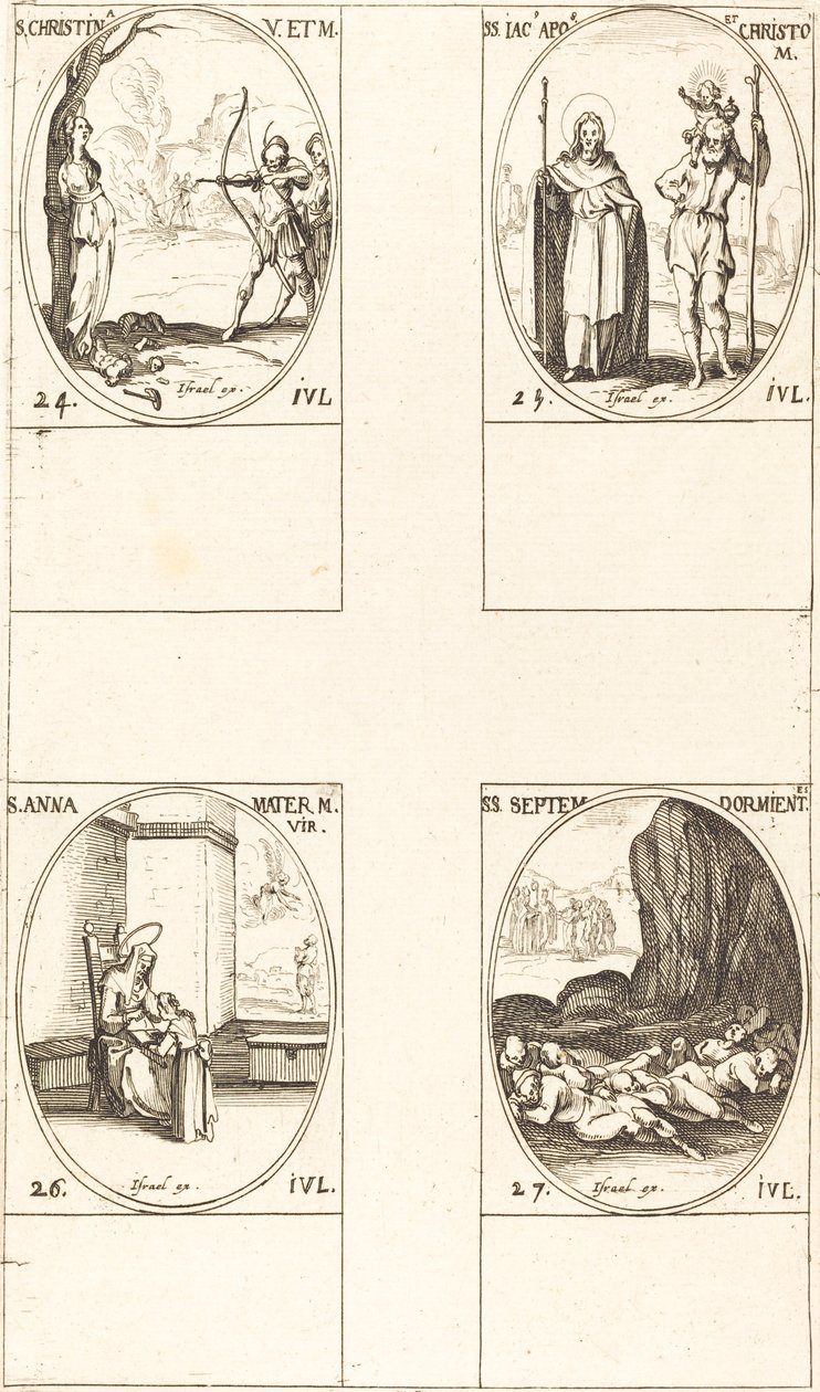 św. Krystyna; św. Jakuba, Apostoła i św. Krzysztofa; św. Anny; Siedmiu Śpiących E autorstwa Jacques Callot