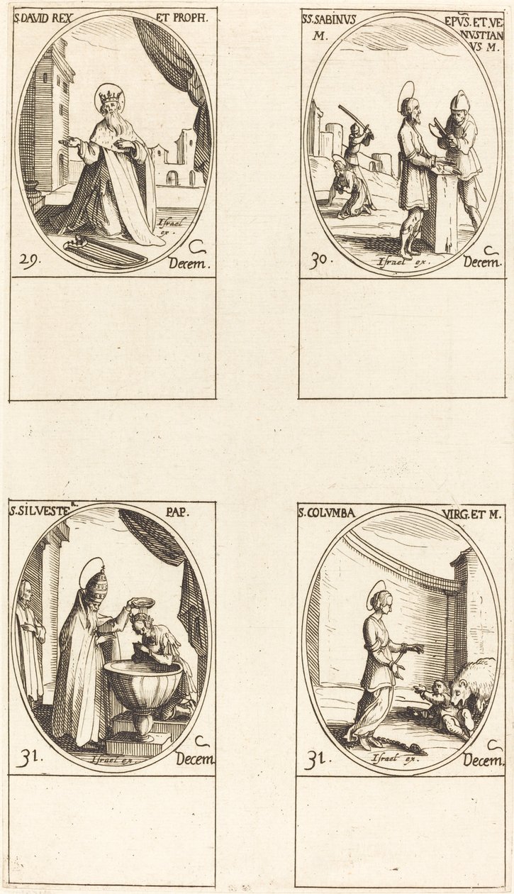 św. Dawida, króla i proroka; św. Sabinus i Venustianus; św. Sylwestra; Św. Kolumba autorstwa Jacques Callot