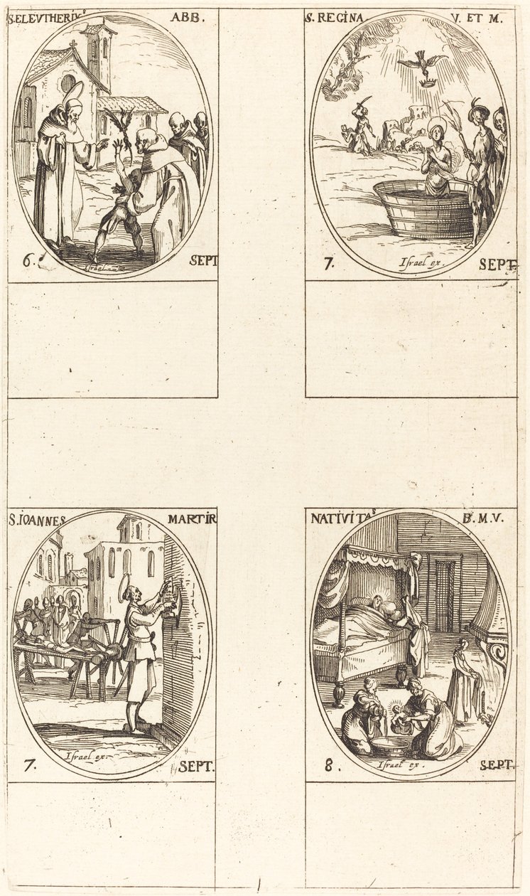 św. Eleuteriusza, opata; św. Regina; Święty Jan; Narodzenia Najświętszej Marii Panny autorstwa Jacques Callot