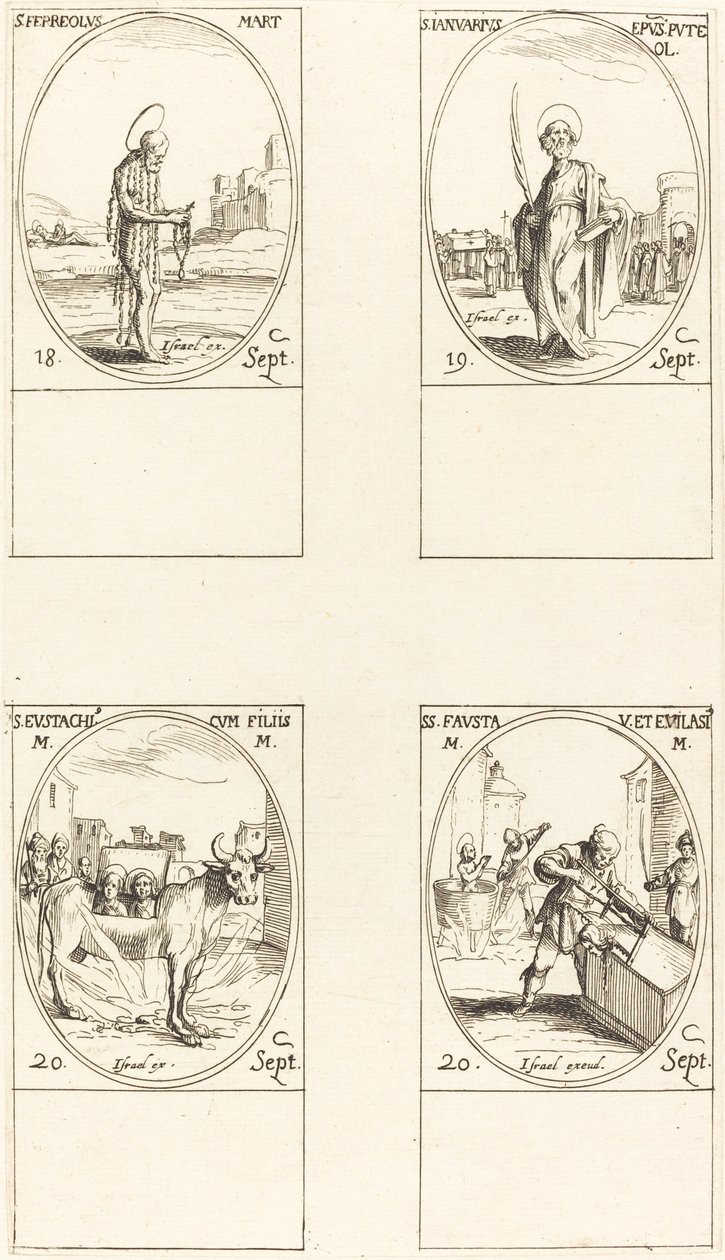 św. Ferreolus, św. Styczeń, św. Eustachy i jego dzieci, św. Fausta i Ewalazjusz. autorstwa Jacques Callot