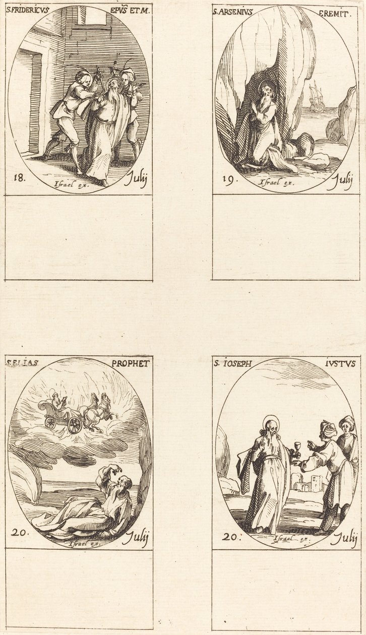 św. Fryderyk; św. Arseniusza, pustelnika; św. Eliasz, prorok; Św. Józef Sprawiedliwy autorstwa Jacques Callot