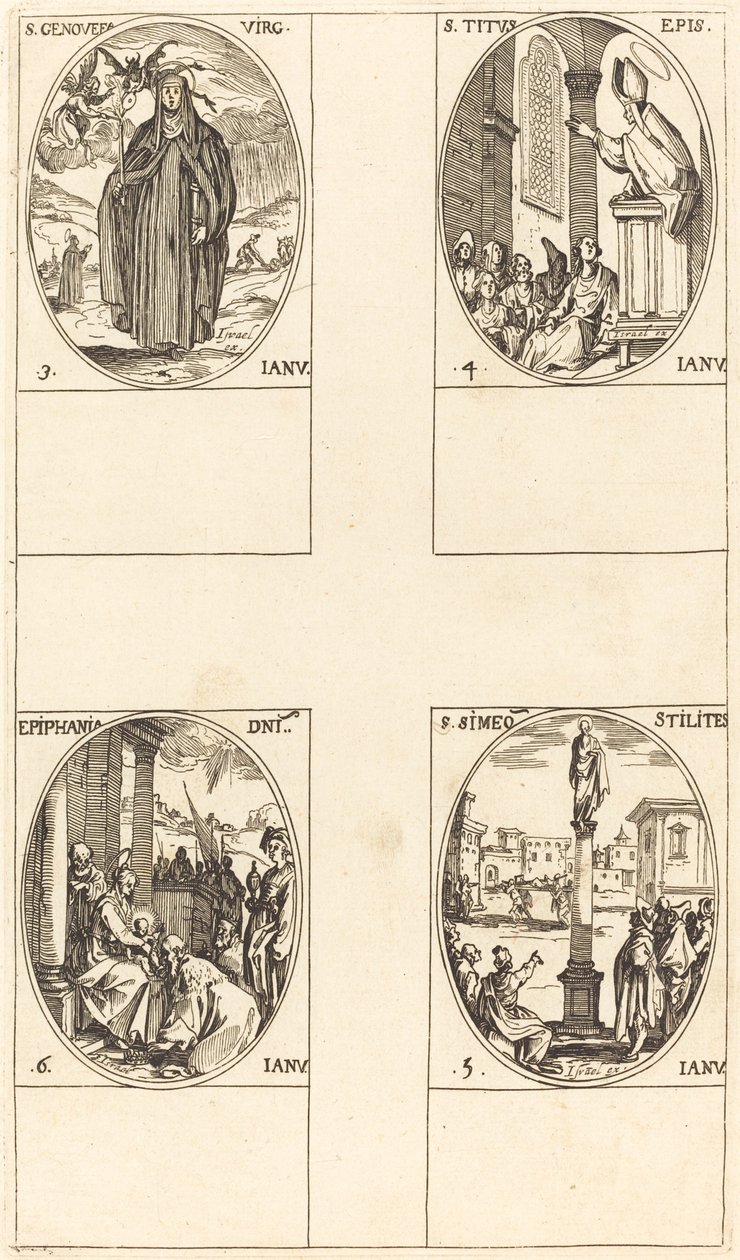 św Genevieve; św. Tytusa; św. Szymon Słupnik; Olśnienie autorstwa Jacques Callot