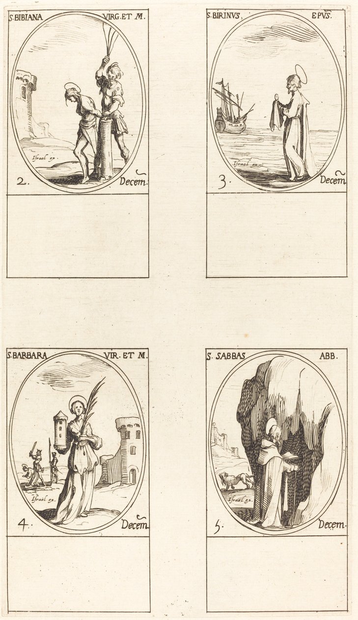św. Irena i Towarzysze; św. Chrześcijanin; Święci Ananiasz, Azariasz i Miszael; św. Florian & autorstwa Jacques Callot