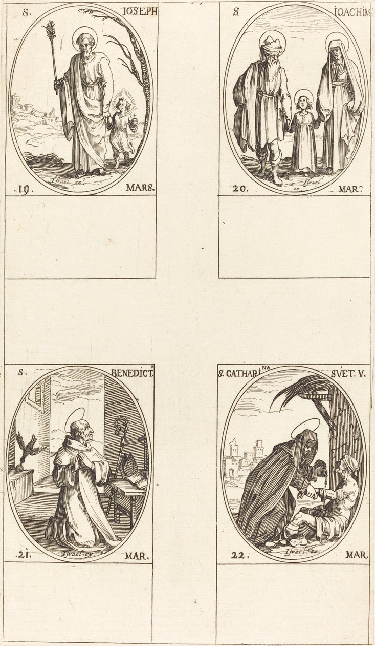 św. Józefa; św. Joachima; św. Benedykt, opat; Św. Katarzyny Szwecji autorstwa Jacques Callot