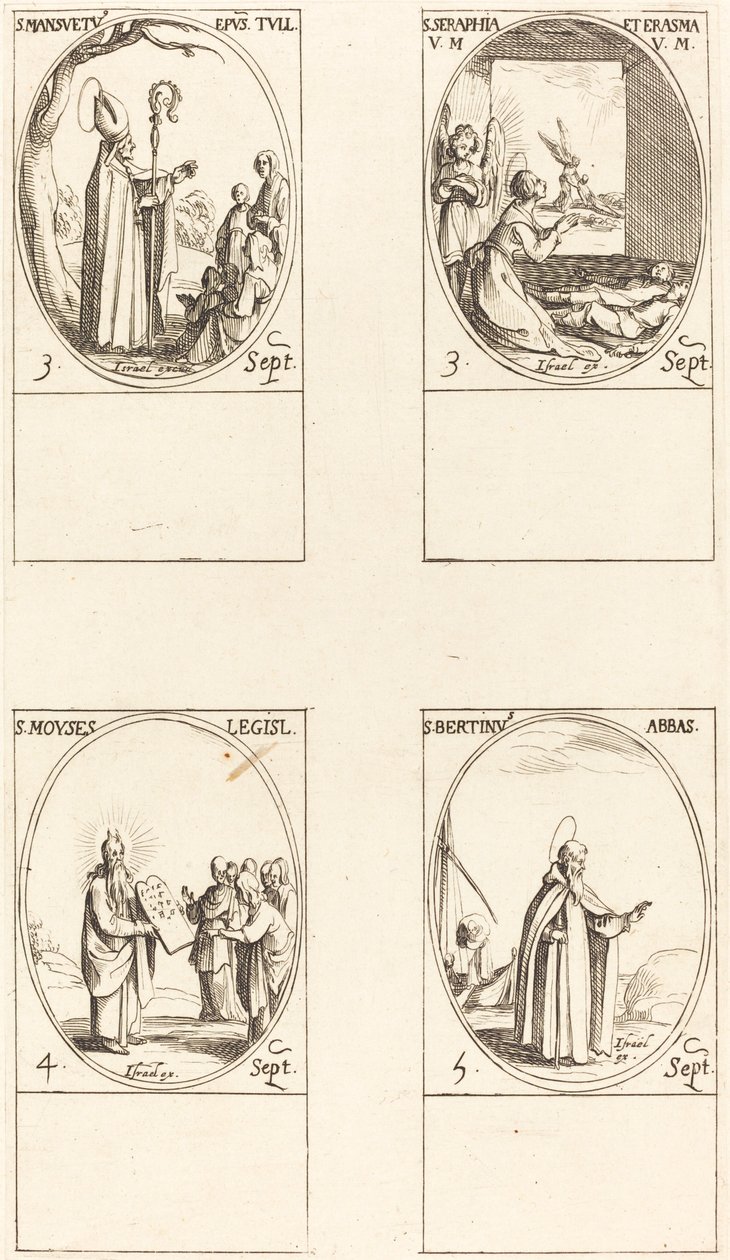 Św. Ludwik Mansuetus; św. Serapia i Erasmus; Mojżesz; Św. Ludwik Bertin, Opat autorstwa Jacques Callot