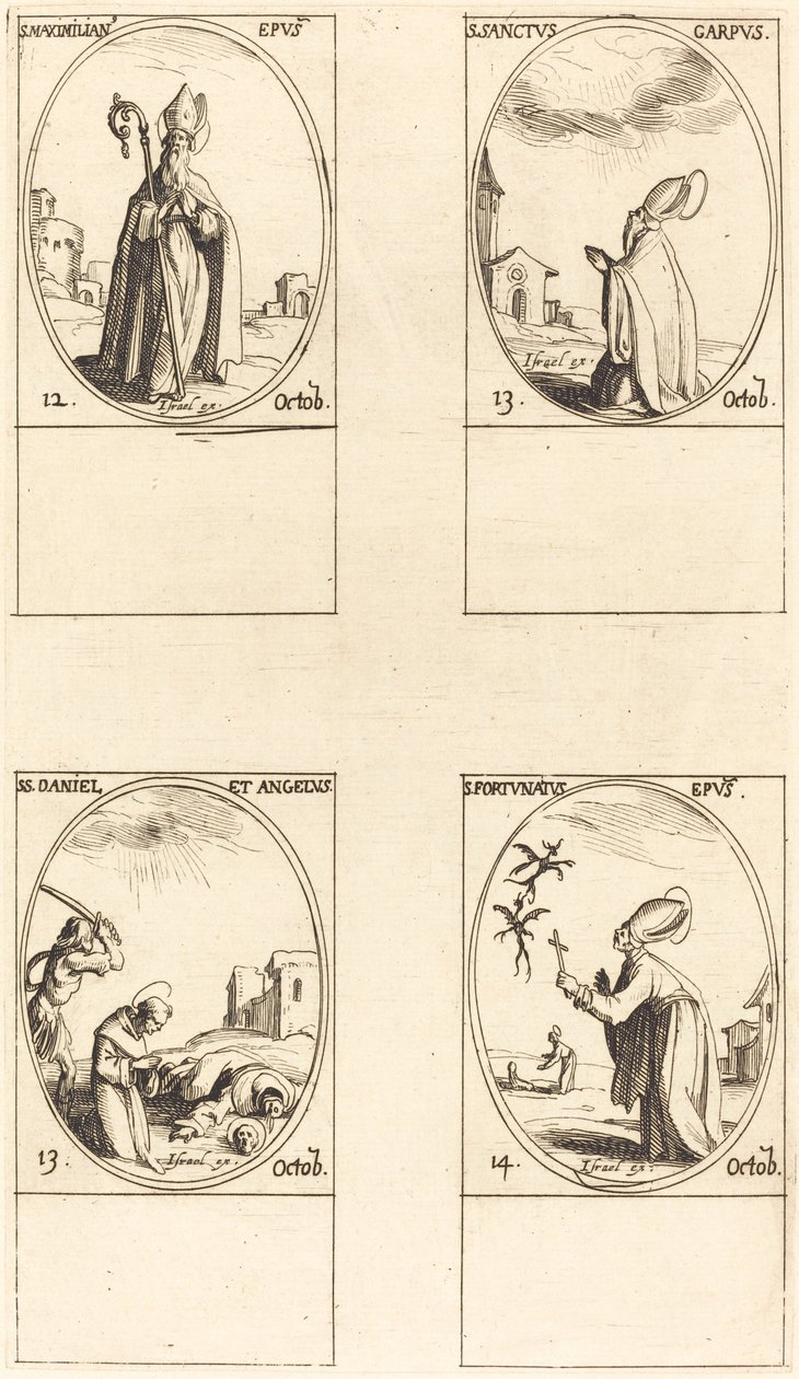 św. Maksymiliana, św. Karpa, św. Daniela i św. Anioła, św. Fortunata. autorstwa Jacques Callot