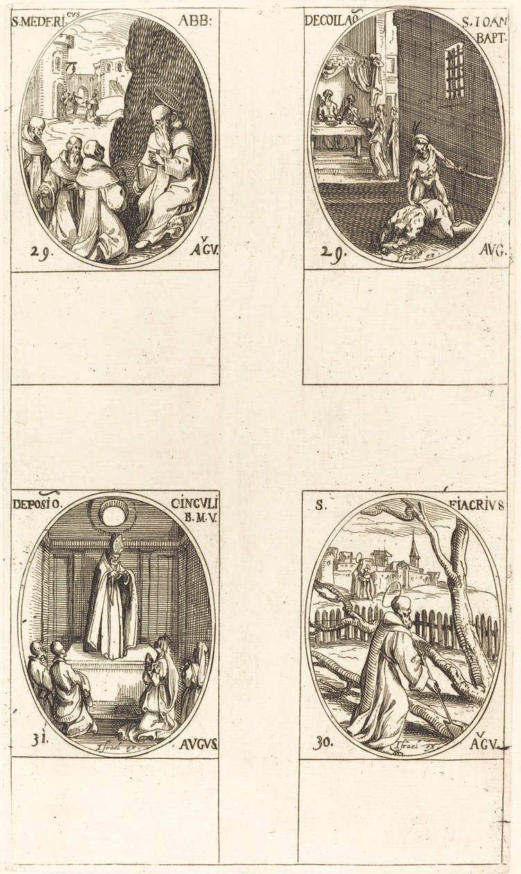 św. Mederyka, Opata; Ścięcie Jana Chrzciciela; św. Fiakr; Święto Dziewicy autorstwa Jacques Callot