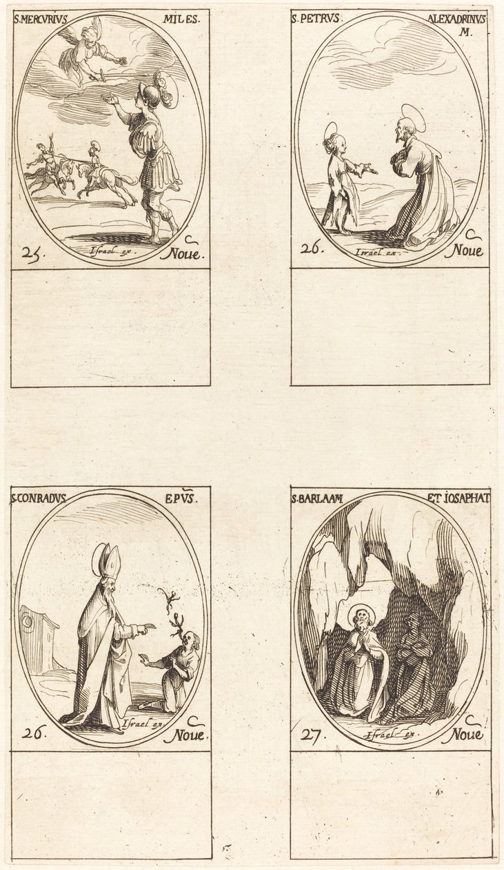 św. Merkury; św. Piotr z Aleksandrii; św. Konrada; św. Barlaam i Jozafat autorstwa Jacques Callot