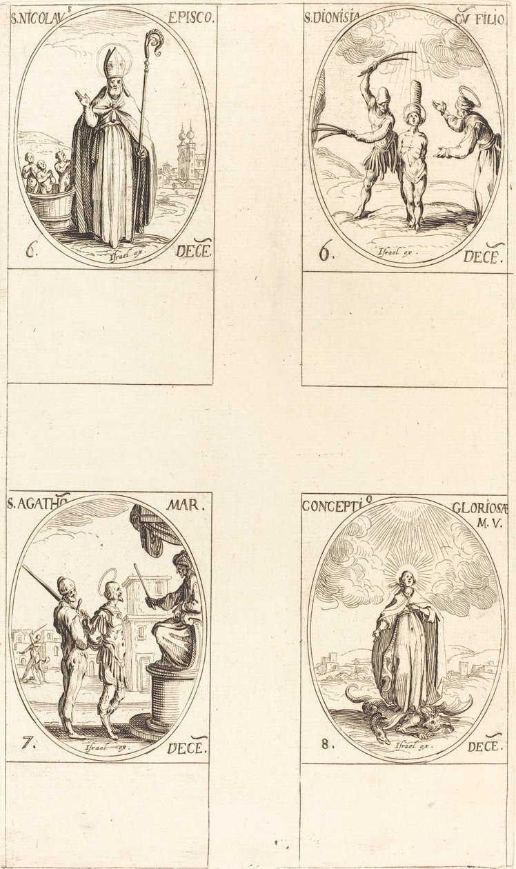 Św. Mikołaj; św. Dionisia i Syn; św. Agaty; Poczęcie Dziewicy autorstwa Jacques Callot