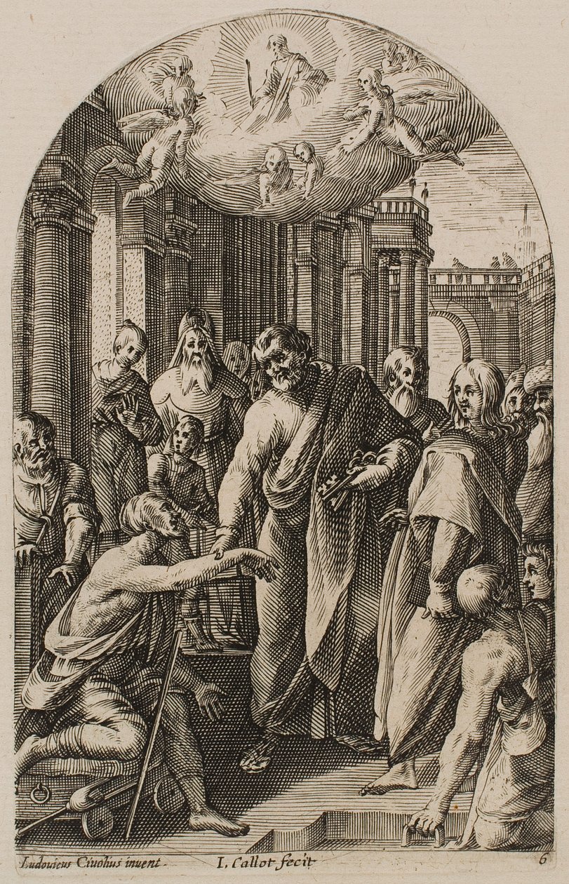 Święty Piotr i święty Jan uzdrawiają chromego u bram świątyni, z cyklu „Obrazy Rzymu” autorstwa Jacques Callot
