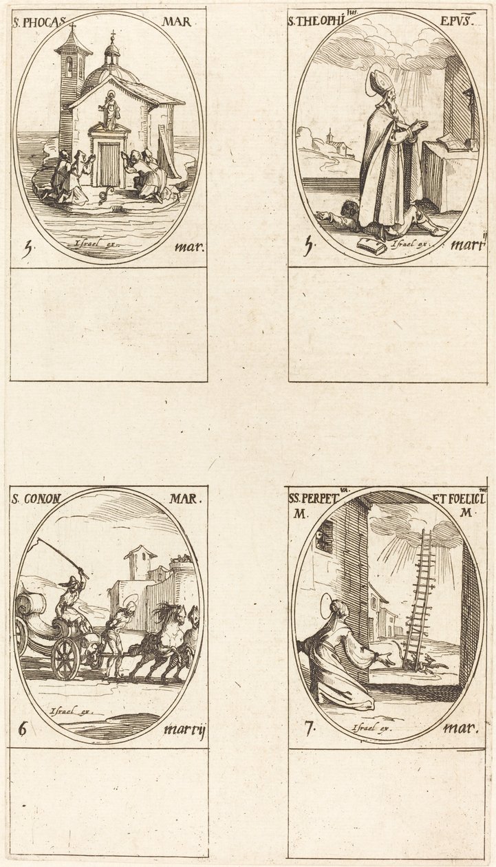św. Fokas; św. Teofil; św. Conona; Święci Perpetua i Felicity autorstwa Jacques Callot