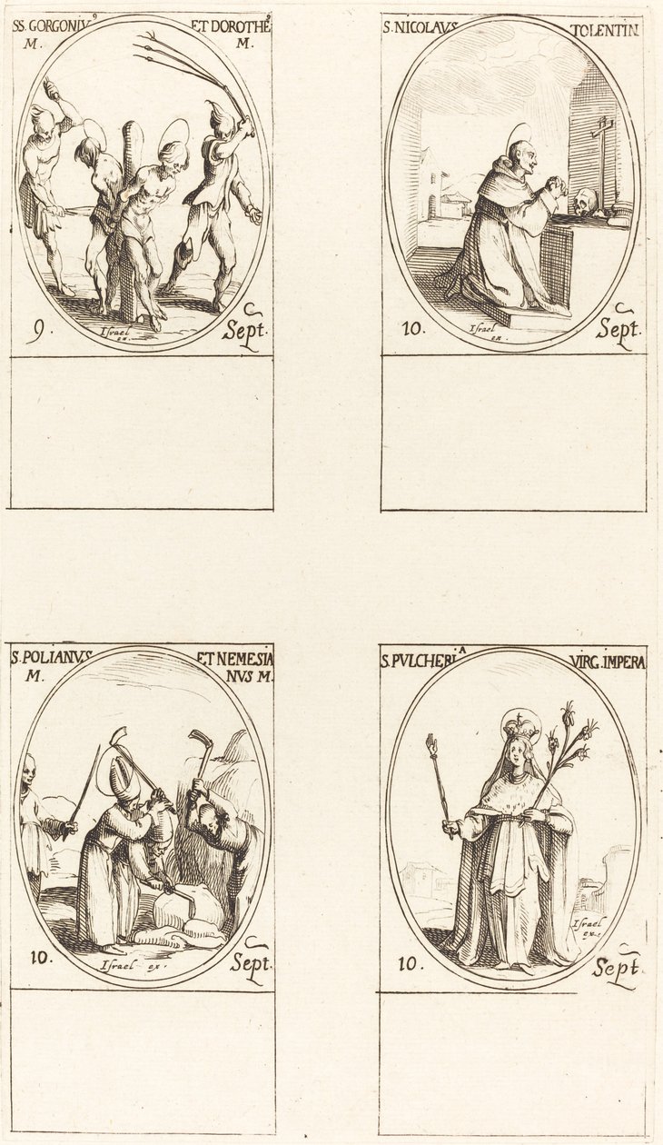 Święci Gorgoniusz i Dorota; św. Mikołaja z Tolentino; św. Polianus & Nemesian; św. Pul autorstwa Jacques Callot