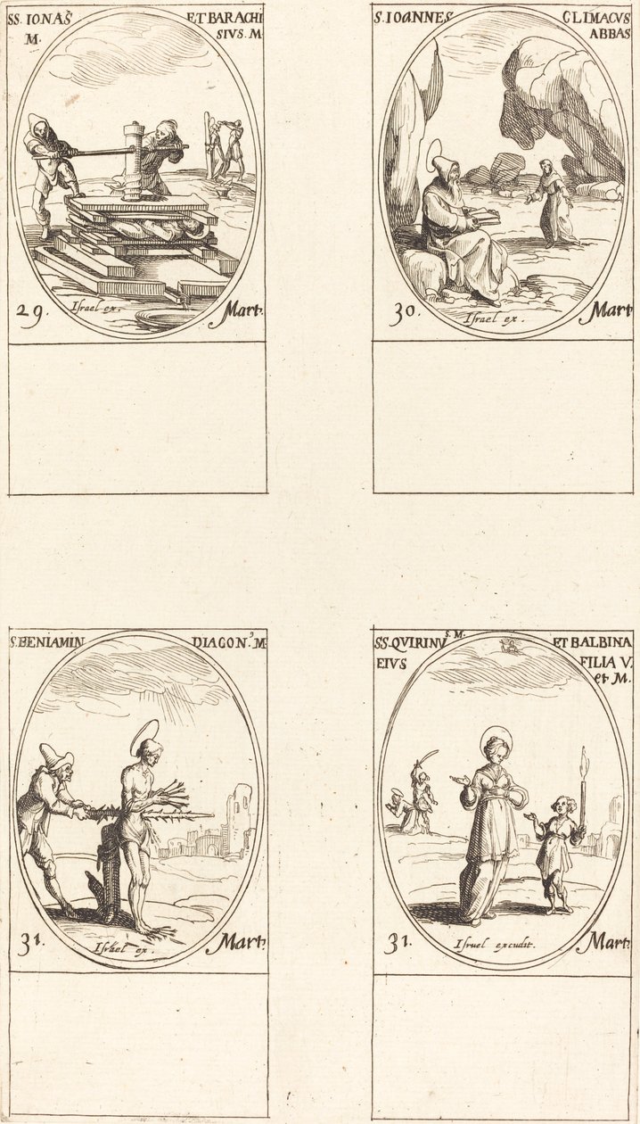św. Jonasz i Barachisius; Św. Ludwik Jana Klimaka, opata; Św. Ludwik Benzoes; św. Kwiryn i Bal autorstwa Jacques Callot